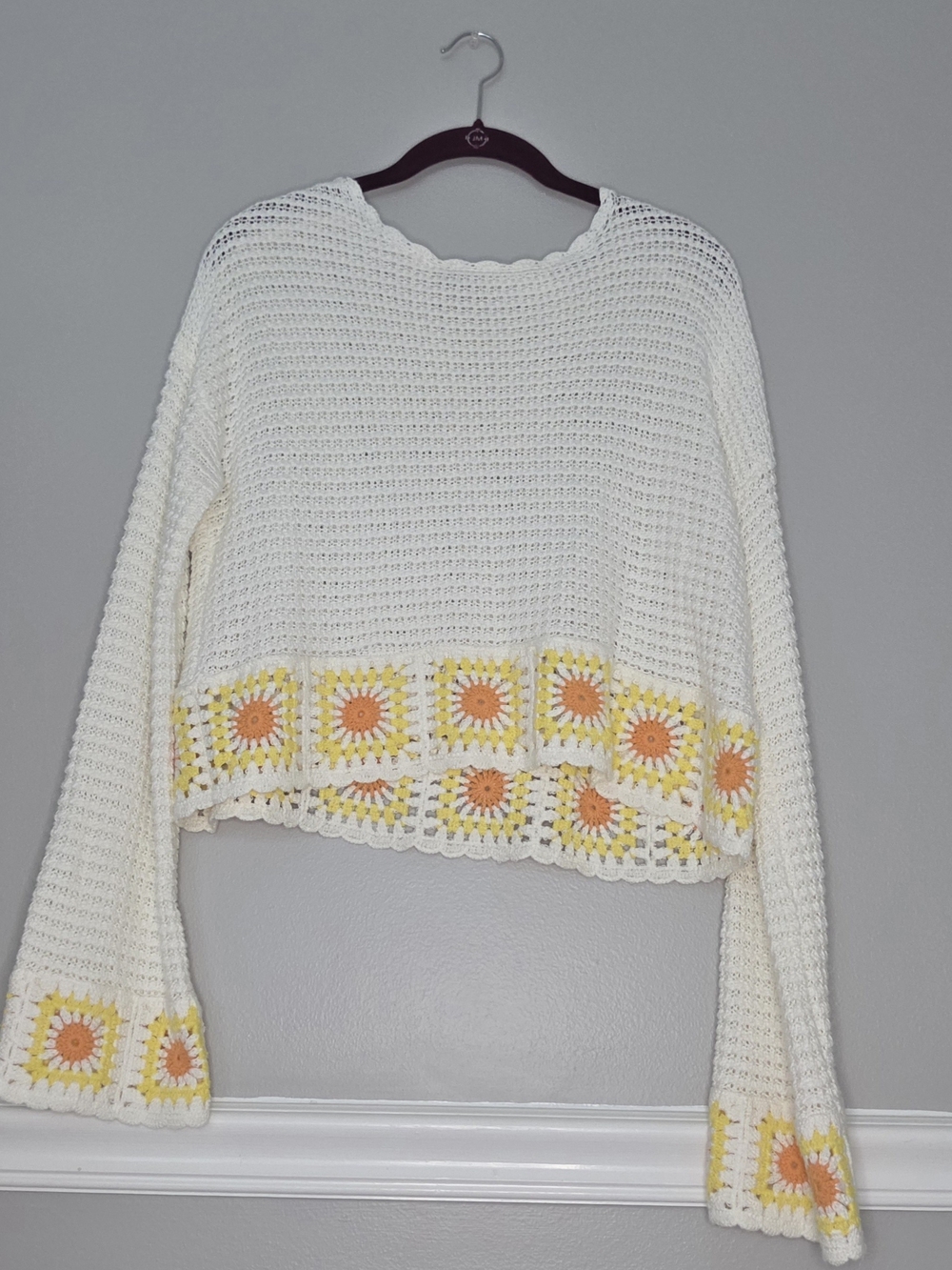 Sincerely Jules White Crochet Crewneck Sweater with Yellow & Orange Floral Trim